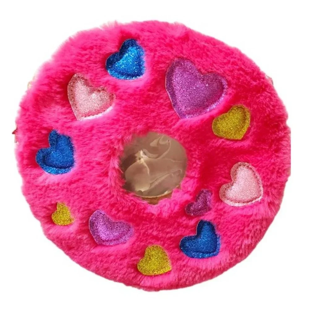 NWT Fuzzy Hot Pink Donut Crossbody Bag Glitter Hearts B Rosy Barbiecore Kidcore